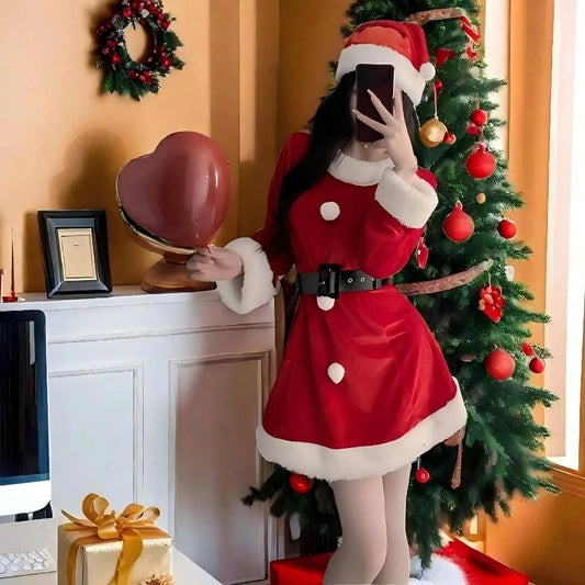 Comfortable Christmas Dress Women Pajamas New Year Red Dress Suit Sweet High Waist Long Sleeve Nightwear Girl