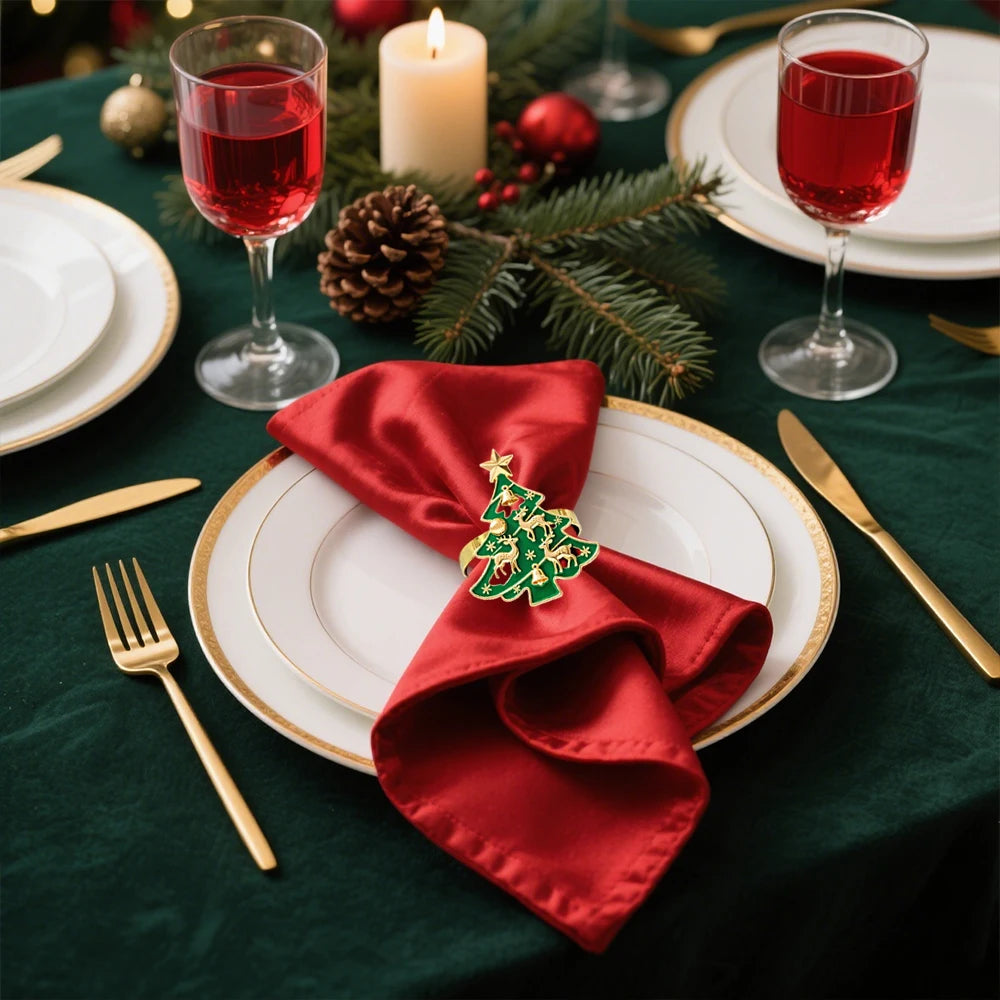 6Pcs Christmas Tree Napkin Rings with Deer Snowflake Bell ,Festive Table Decor for New Year Wedding Family Dinner Party Supplies