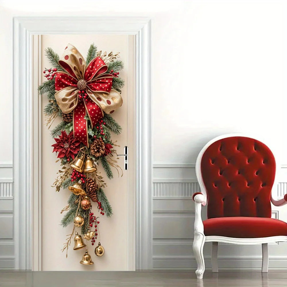 Christmas Wall Hanging Decoration – Red Bells & Green Leaves Holiday Decor