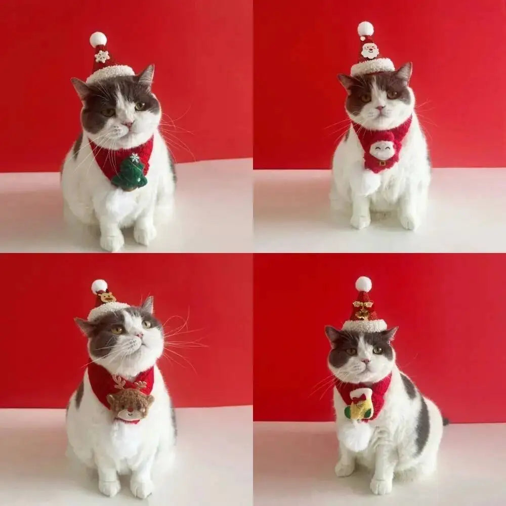 Christmas Cat Hat Cat Knitted Scarf Set Soft Winter Christmas Soft Santa Claus Costume Scarf For Dog Cats Pet Xmas Cat Supplies
