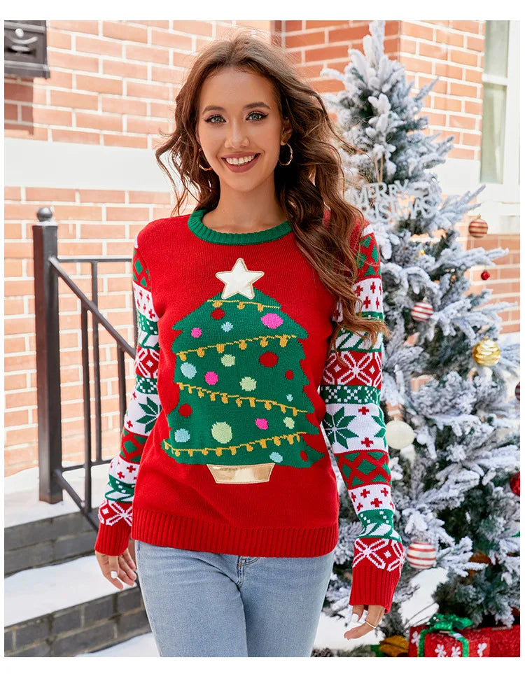 2025 Christmas Sweater Women Men, Xmas Tree Embroidery Knit Sweater, Casual Holiday Party Pullover, Funny Xmas Gift
