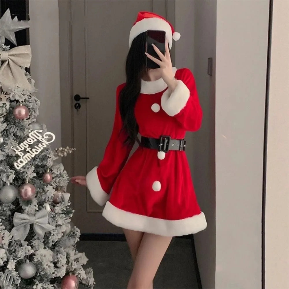 Comfortable Christmas Dress Women Pajamas New Year Red Dress Suit Sweet High Waist Long Sleeve Nightwear Girl