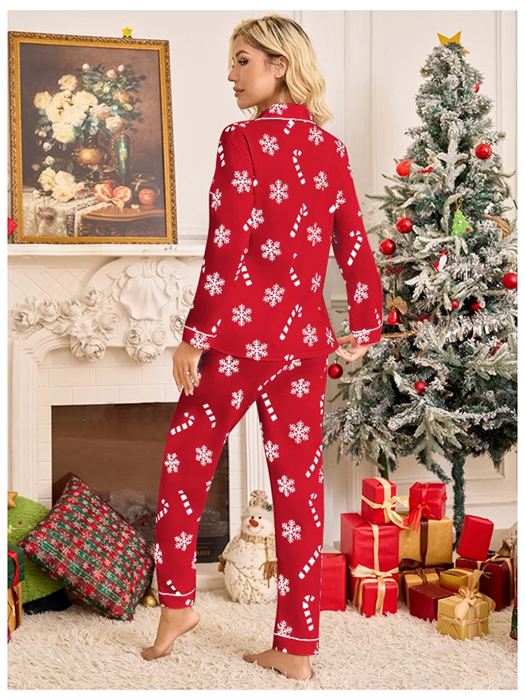 Meet'r New Year Christmas Long Sleeved Long Pants Home Clothes Underwear Snowflake print Pajamas Ladies' Comfortable Pajamas