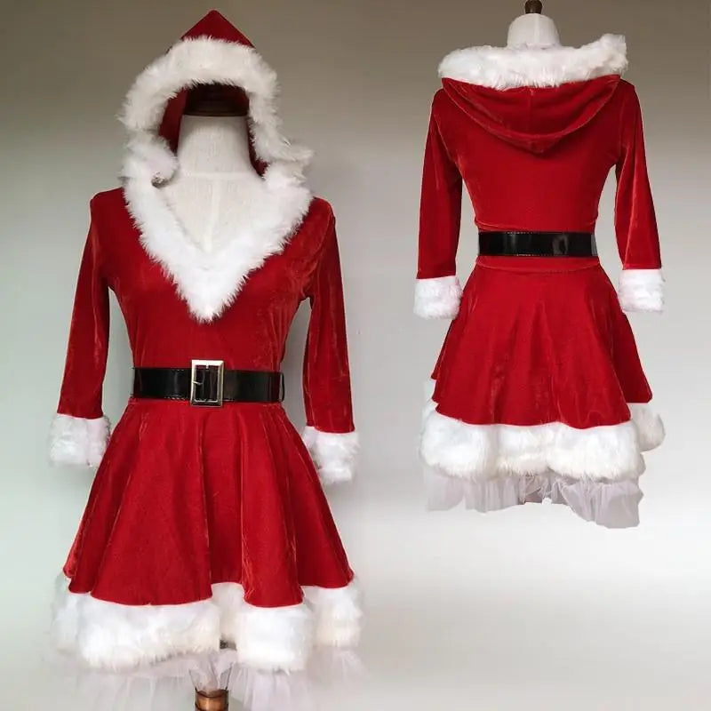 Women Christmas Costumes Santa Claus Dresses Christmas Dresses New Year Halloween Thanks Giving Party Hooded Dress