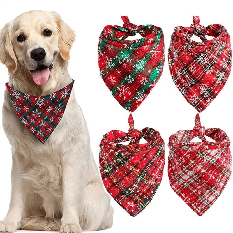 Dog Bandanas Large Pet Scarf Christmas Snow Print Dog Cotton Plaid WashableBow Ties Collar Cat Dog Scarf Large Accessories