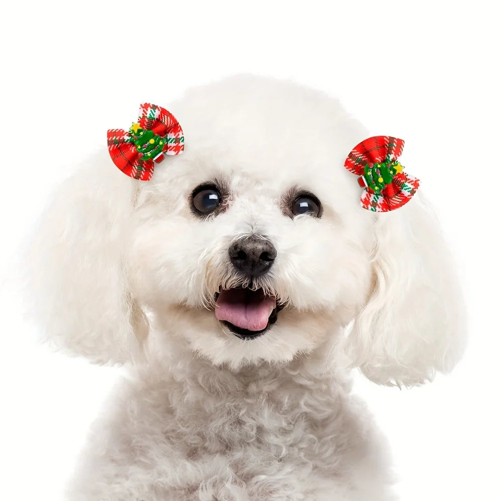 Christmas Pet Hair Bows, 5Pcs Random Style Dog Hair Clips with Santa Snowman Prints, Festive Pet Grooming ，Small Dog and cat