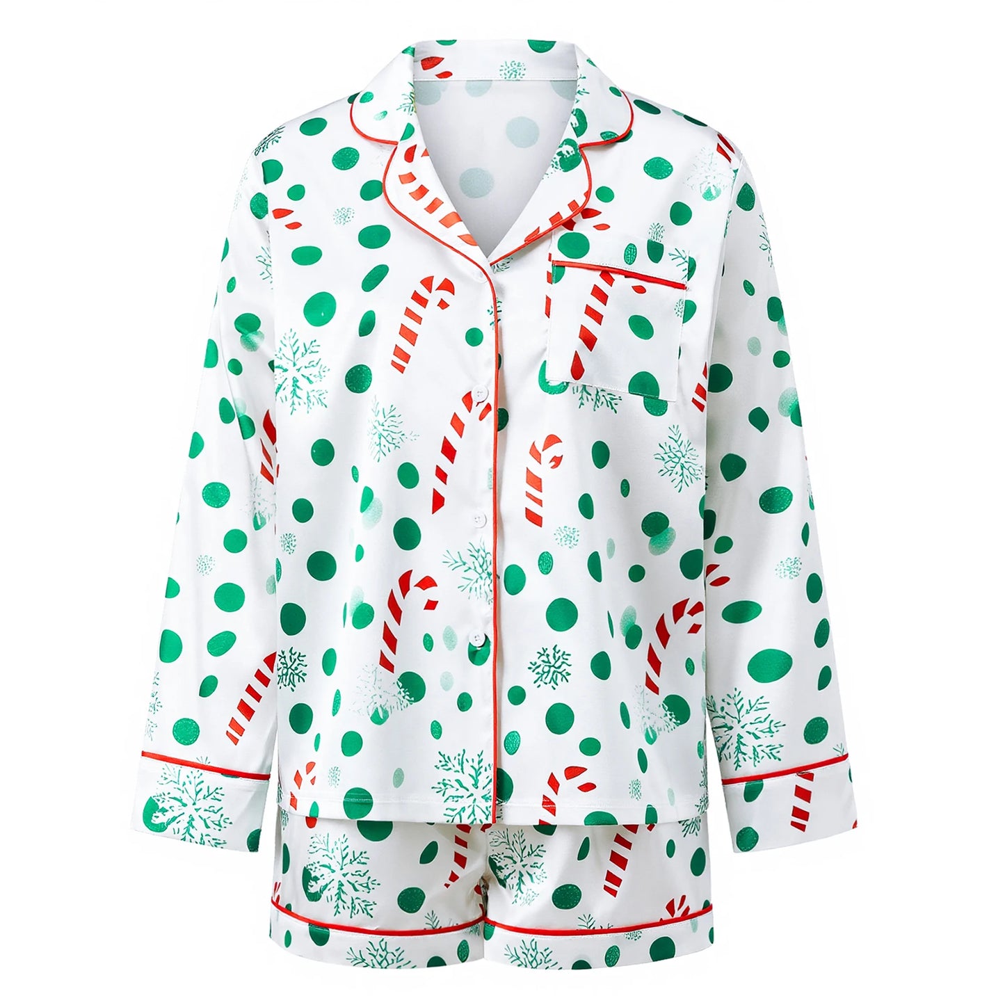 Women 2 Piece Christmas Pajama Set Printed Long Sleeve Button-up Tops and Elastic Waist Shorts