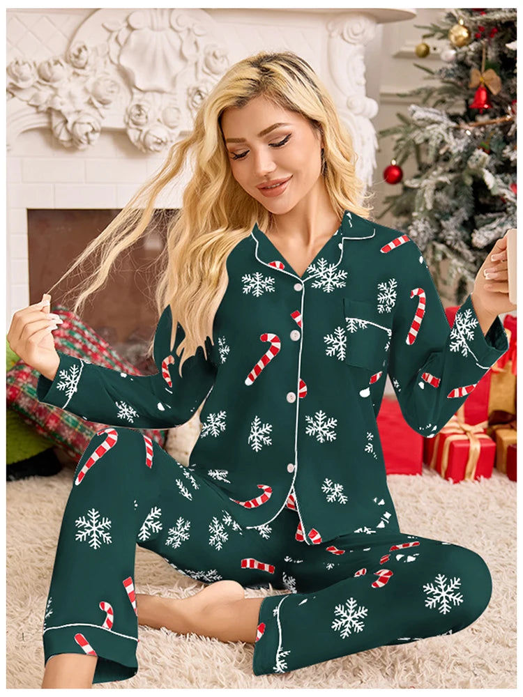 Meet'r New Year Christmas Long Sleeved Long Pants Home Clothes Underwear Snowflake print Pajamas Ladies' Comfortable Pajamas