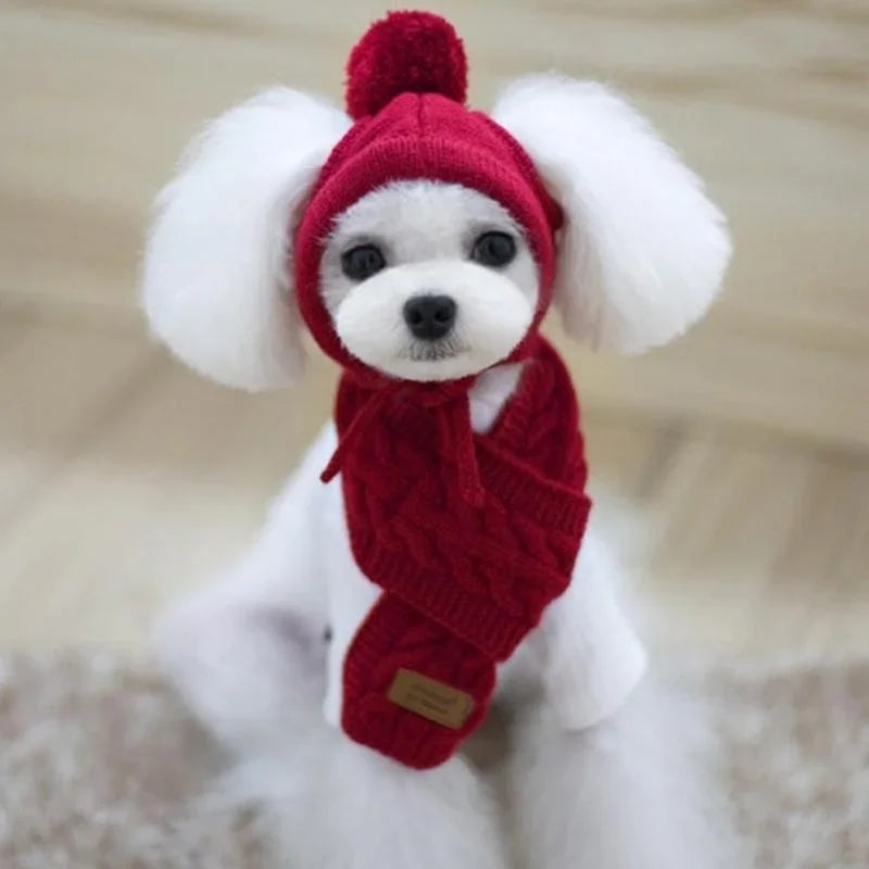Hat for Dogs Winter Warm Stripes Knitted Hat+Scarf Collar Puppy Teddy Costume Christmas Clothes Santa Dog Costume