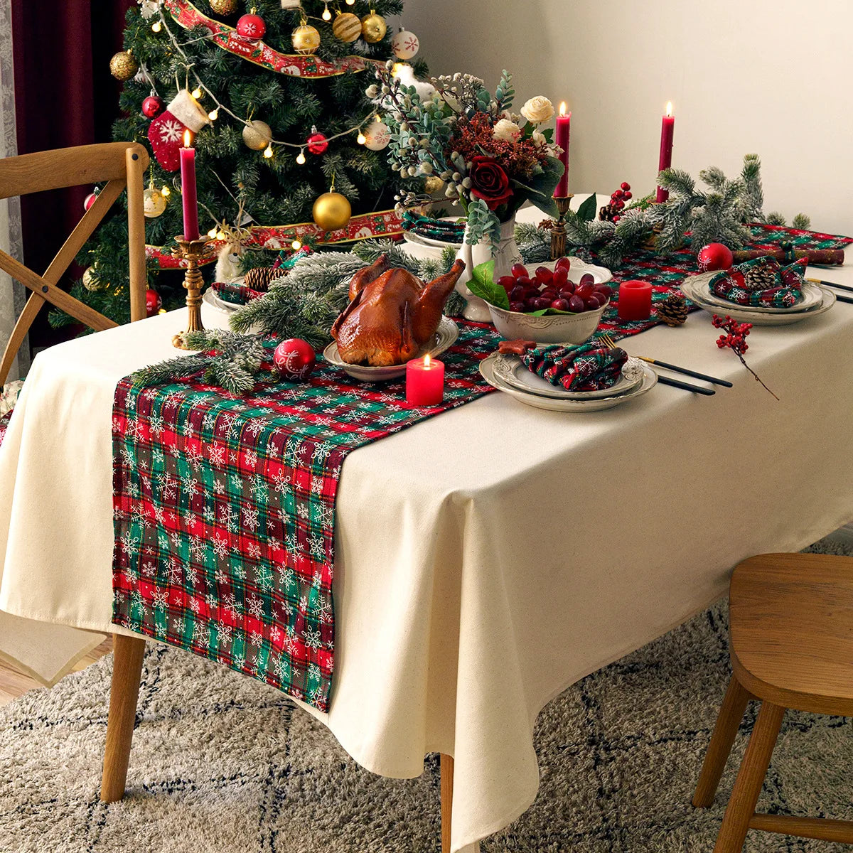 Christmas Table Decoration Runner Christmas Red Green Snowflake Checkered Table Runners Kitchen Living Room Dining Room Decor
