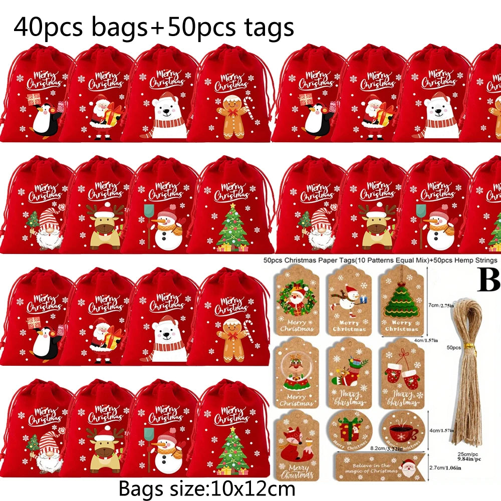 1/6/30pcs Christmas Velvet Drawstring Candy Gift Bag Small Wrapping Bag for Present Party Biscuit Jewelry Pouch New Year Storage