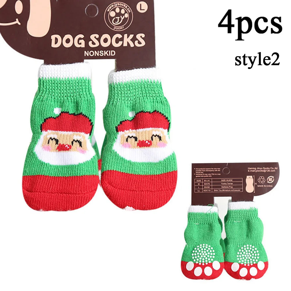 4pcs/set Winter Dog Socks Cute Pattern Foot Covers Warm Anti Slip Shoes Puppy Paw Protector Christmas Gift for Puppy Cat Dogs
