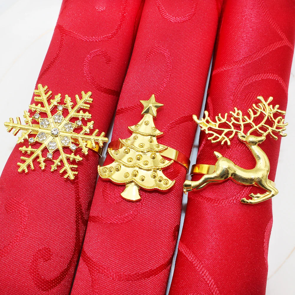 6Pcs Christmas Napkin Rings Gold Metal Snowflake Deer Serviette Buckle Xmas Tree Napkin Holder for Home Christmas Table Decor
