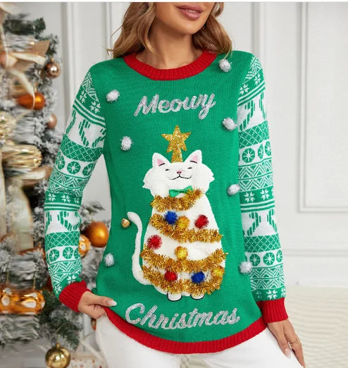 Sweater Women Christmas 2024 Ugly Sweater New Cartoon Cat Print O-Neck Autumn Winter Thick Loose Knitwears Tops Xmas Pullover