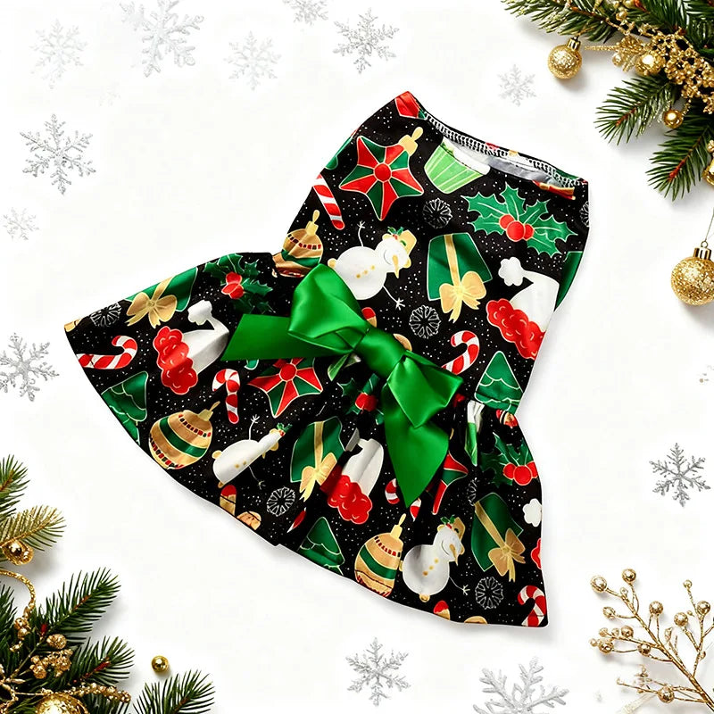 Christmas Dog Dress with Bow, Festive Printed Pet Skirt, Lightweight Holiday Outfit, Sizes M–6XL for Small to Large Dogs