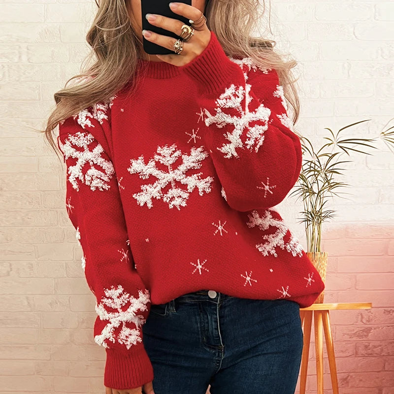 Christmas Sweater For Women Casual O Neck Long Sleeve Snowflake Printed Knitted Printed Sweater Women Pullover