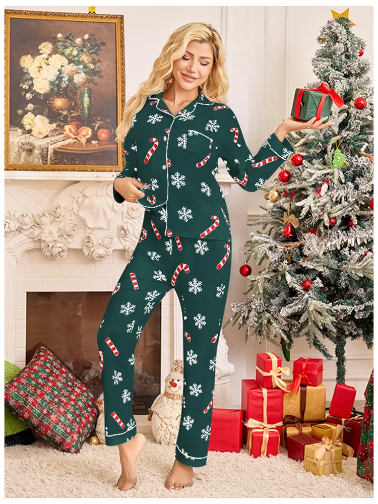 Meet'r New Year Christmas Long Sleeved Long Pants Home Clothes Underwear Snowflake print Pajamas Ladies' Comfortable Pajamas