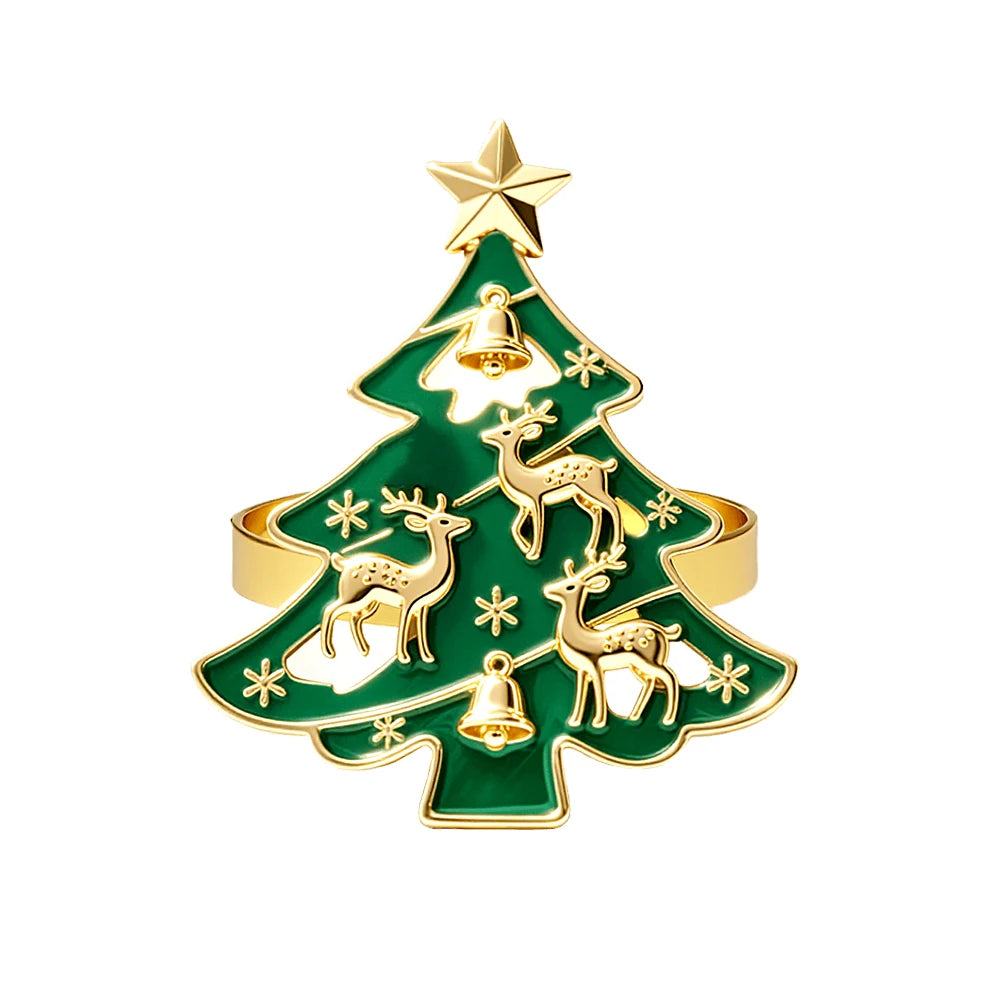 6Pcs Christmas Tree Napkin Rings with Deer Snowflake Bell ,Festive Table Decor for New Year Wedding Family Dinner Party Supplies