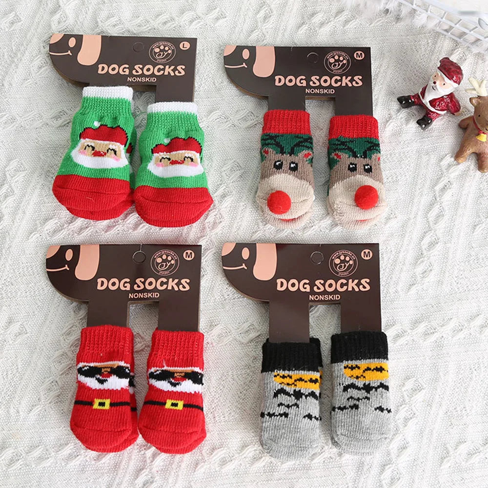 4pcs/set Winter Dog Socks Cute Pattern Foot Covers Warm Anti Slip Shoes Puppy Paw Protector Christmas Gift for Puppy Cat Dogs