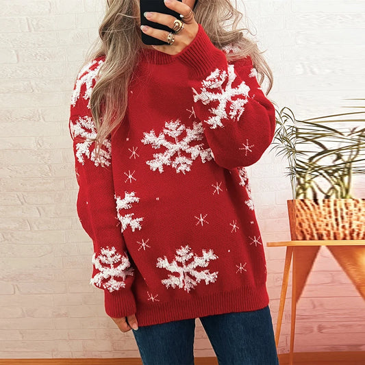 Christmas Sweater For Women Casual O Neck Long Sleeve Snowflake Printed Knitted Printed Sweater Women Pullover