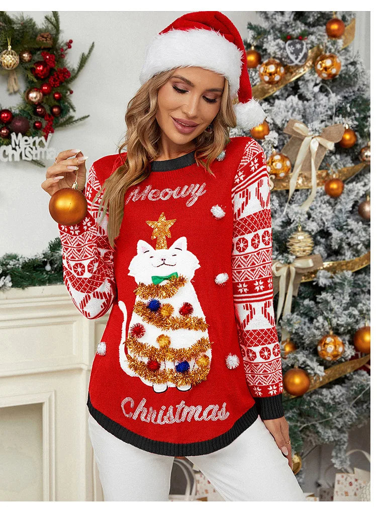 Sweater Women Christmas 2024 Ugly Sweater New Cartoon Cat Print O-Neck Autumn Winter Thick Loose Knitwears Tops Xmas Pullover