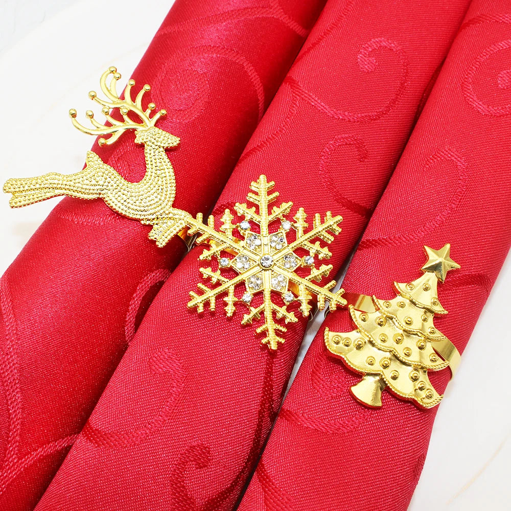 6Pcs Christmas Napkin Rings Gold Metal Snowflake Deer Serviette Buckle Xmas Tree Napkin Holder for Home Christmas Table Decor