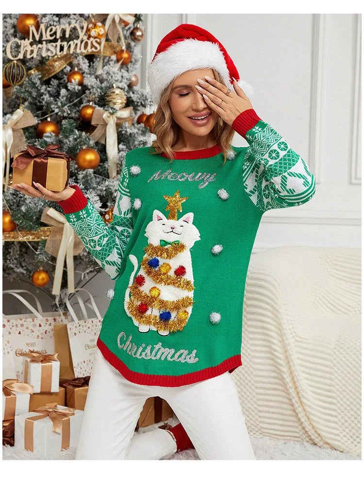Sweater Women Christmas 2024 Ugly Sweater New Cartoon Cat Print O-Neck Autumn Winter Thick Loose Knitwears Tops Xmas Pullover