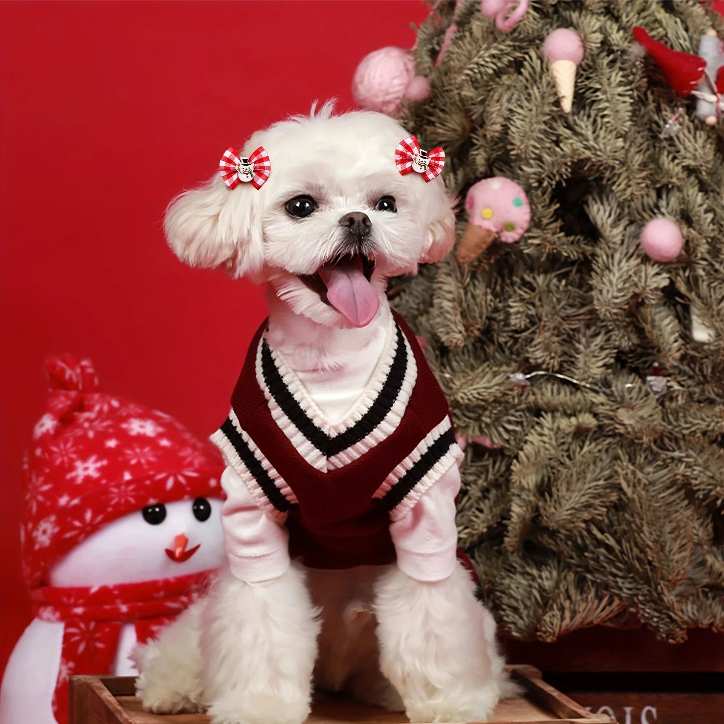 Christmas Pet Hair Bows, 5Pcs Random Style Dog Hair Clips with Santa Snowman Prints, Festive Pet Grooming ，Small Dog and cat