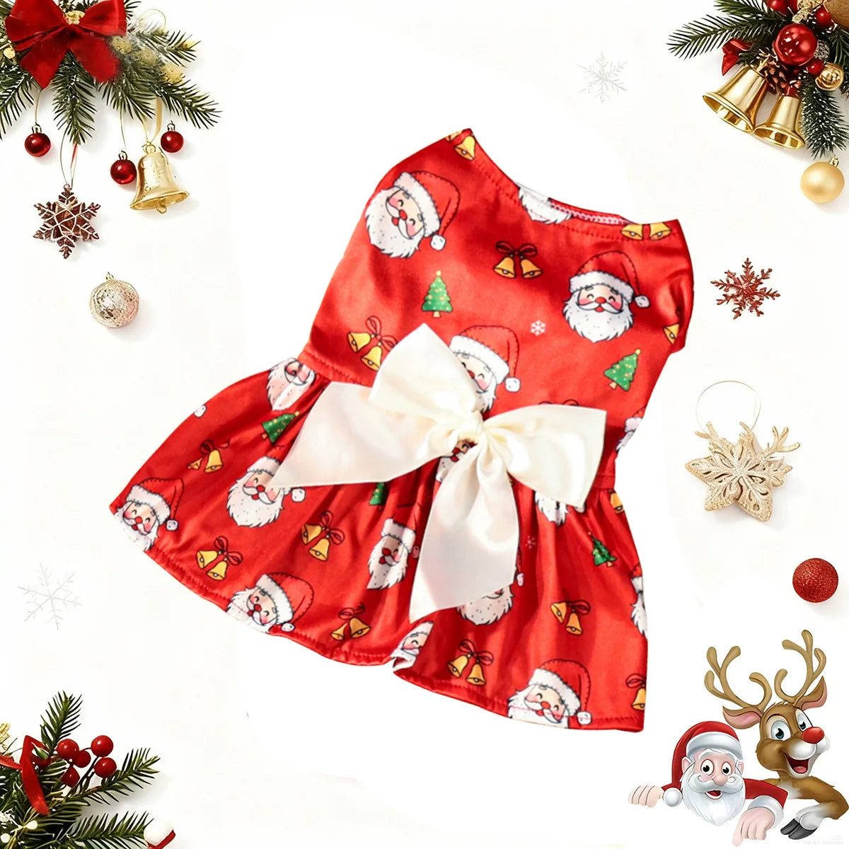 Christmas Pet Clothes Round Neck Sleeveless Printed Dress Santa Claus Snowflake for Small Medium Large Dogs New Year Present