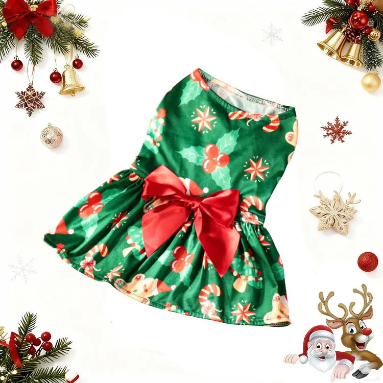 Christmas Pet Clothes Round Neck Sleeveless Printed Dress Santa Claus Snowflake for Small Medium Large Dogs New Year Present