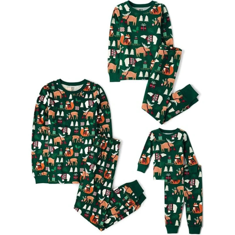 Christmas Loungewear Set - Long Sleeve & Long Pant Cute Cartoon Animal Print for Family & Couple Pajamas Loose & Casual Outfit