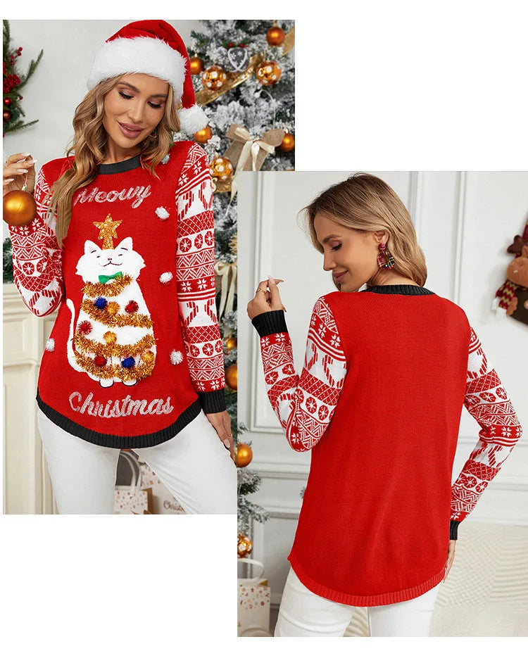 Sweater Women Christmas 2024 Ugly Sweater New Cartoon Cat Print O-Neck Autumn Winter Thick Loose Knitwears Tops Xmas Pullover