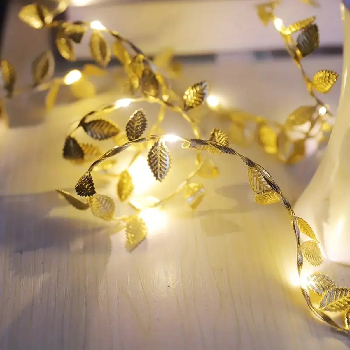 1PC 2M 20LED Golden Tiny Leaves Fairy Light Battery Powerd Led Copper Wire String Lights For Home Wedding Party Festival Decor