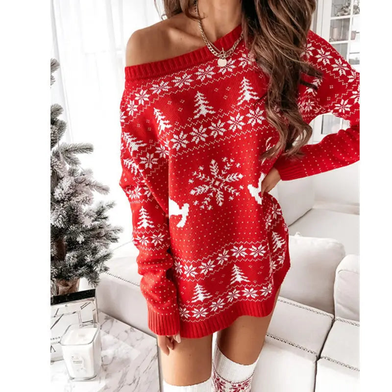 Christmas Fashion Print Knitted Slanted Neck Sweater Long Sleeve Autumn And Winter Versatile Long Pullover Pull En Maille Femme