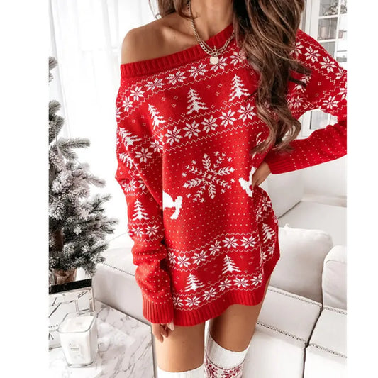 Christmas Fashion Print Knitted Slanted Neck Sweater Long Sleeve Autumn And Winter Versatile Long Pullover Pull En Maille Femme