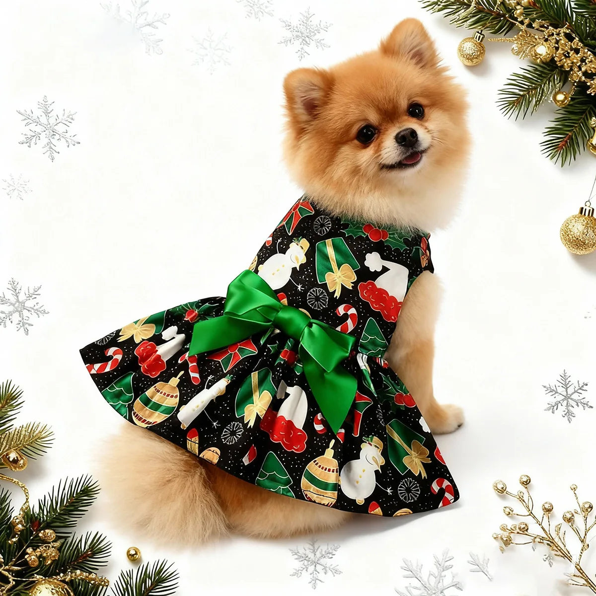 Christmas Pet Clothes Round Neck Sleeveless Printed Dress Santa Claus Snowflake for Small Medium Large Dogs New Year Present