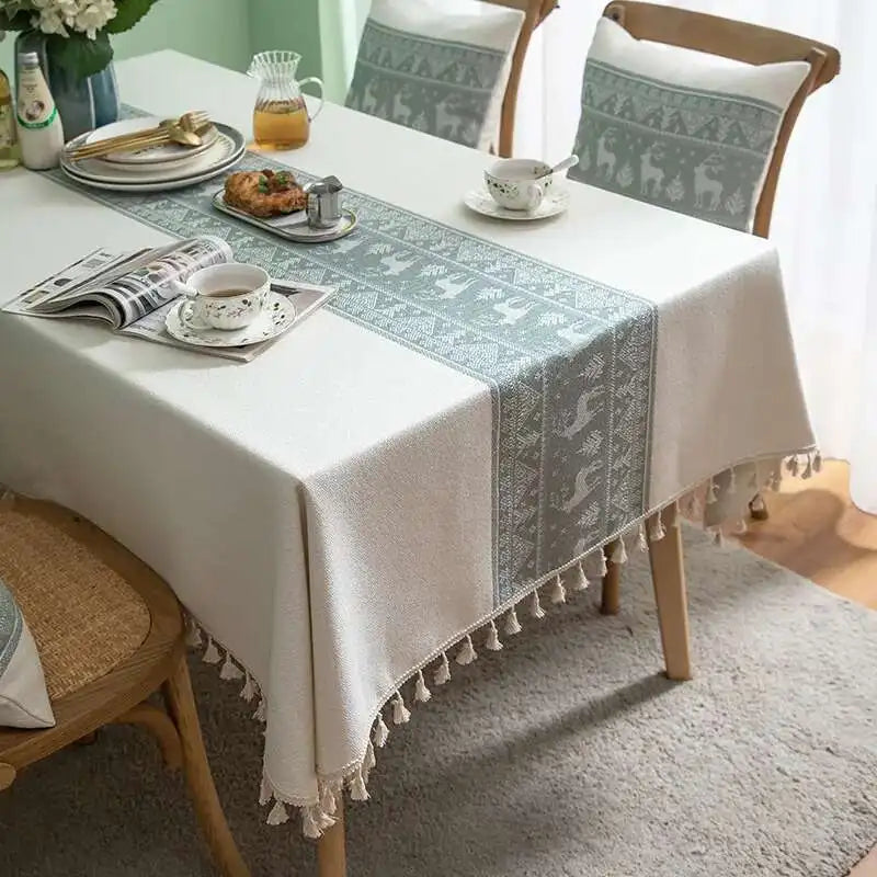 Christmas Deer Tablecloth Cotton Linen Fabric Dining Table Cloth Light Luxury High-end Rectangular Tablecloth Tassel Cover Cloth