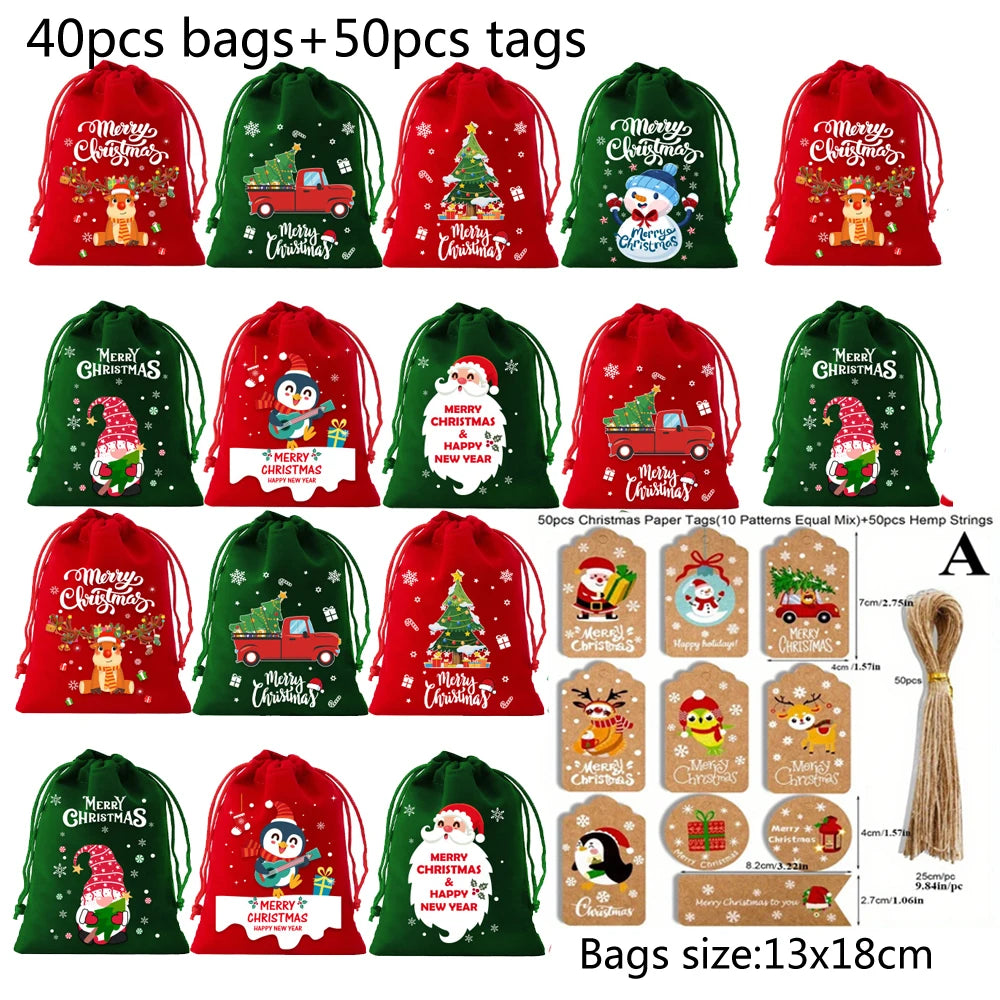 1/6/30pcs Christmas Velvet Drawstring Candy Gift Bag Small Wrapping Bag for Present Party Biscuit Jewelry Pouch New Year Storage