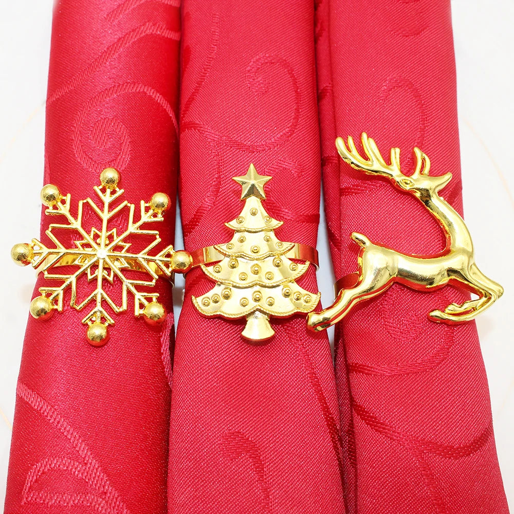 6Pcs Christmas Napkin Rings Gold Metal Snowflake Deer Serviette Buckle Xmas Tree Napkin Holder for Home Christmas Table Decor