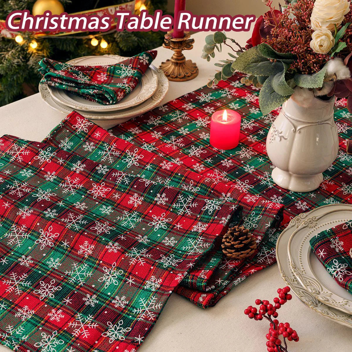 Christmas Table Decoration Runner Christmas Red Green Snowflake Checkered Table Runners Kitchen Living Room Dining Room Decor
