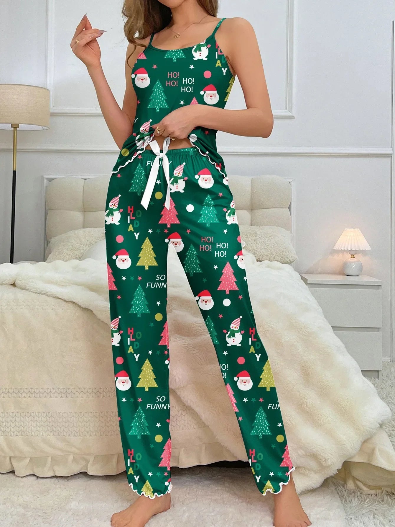 Women Christmas Pajamas Set Sleepwear Nightwear 2 Piece Santa Claus Snow Man Printed Crop Tops and Pants Sets Homewear