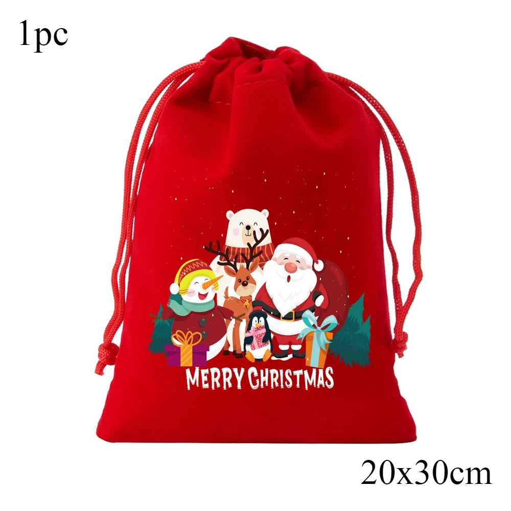 1/6/30pcs Christmas Velvet Drawstring Candy Gift Bag Small Wrapping Bag for Present Party Biscuit Jewelry Pouch New Year Storage