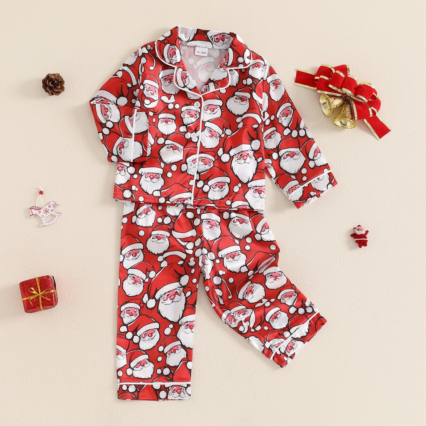 BeQeuewll Christmas Kids Girls Boys Pajamas Set Satin Santa Claus Button Children Sleepwear Long Sleeves Shirt Pants Loungewear