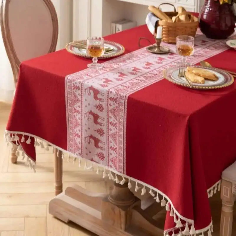 Christmas Deer Tablecloth Cotton Linen Fabric Dining Table Cloth Light Luxury High-end Rectangular Tablecloth Tassel Cover Cloth
