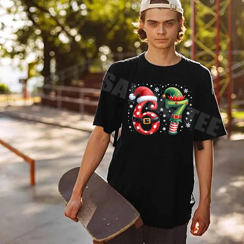 Funny Baseball Santa 67 Christmas Pajamas Boys T-Shirt Rock on Six Seven Bruh Santa Elf Number Xmas Costume Y2k Novelty Gifts