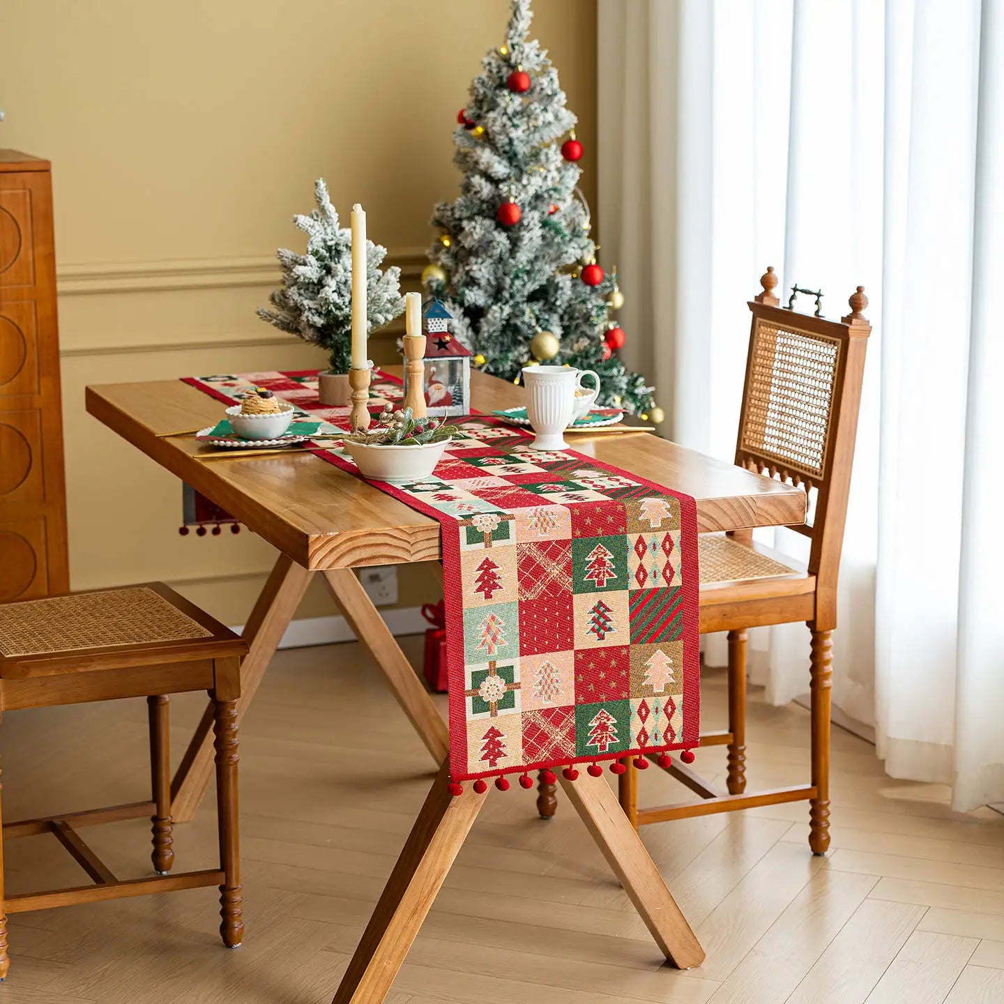 Retro Christmas Cotton and Linen Jacquard Table Runner Santa Claus Jacquard Long Table Runners Tv Cabinet Tablecloth Party Decor