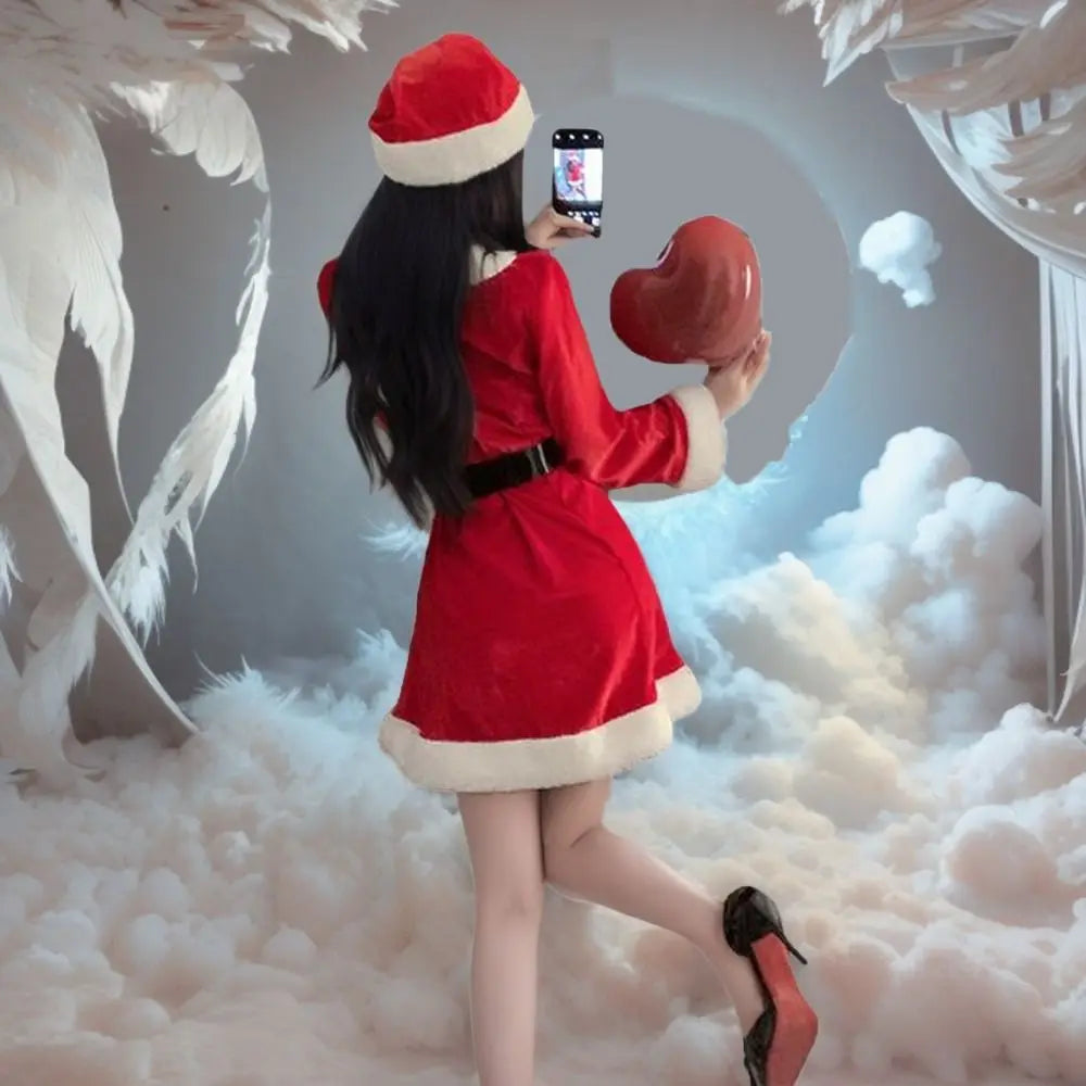 Comfortable Christmas Dress Women Pajamas New Year Red Dress Suit Sweet High Waist Long Sleeve Nightwear Girl