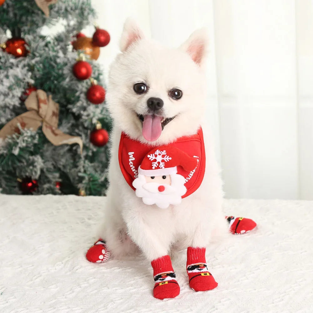 4pcs/set Winter Dog Socks Cute Pattern Foot Covers Warm Anti Slip Shoes Puppy Paw Protector Christmas Gift for Puppy Cat Dogs