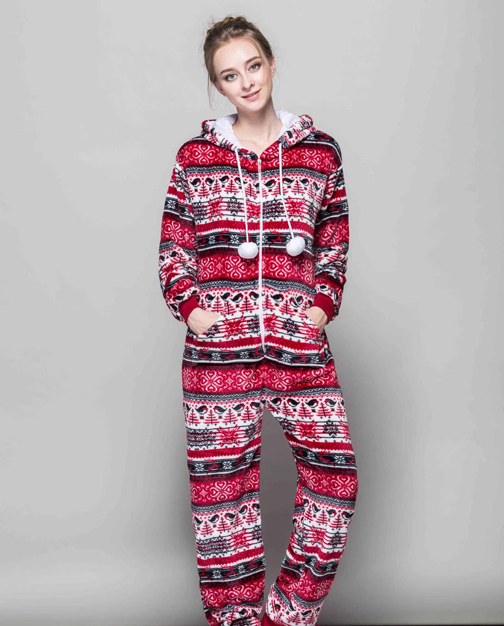 Christmas Adult One-piece Pajamas for Women Zip Up Prints Hooded Onesies Costume Men’s and Women’s Matching Holiday Jumpsuits