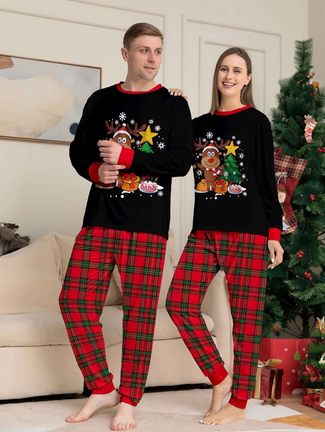 Christmas Couple Pajamas Set: Black Tops with Reindeer, Tree & Gift Print, Red - Green Plaid Pants